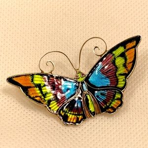 Enamel Butterfly Brooch- Stamped- Silver- Vintage